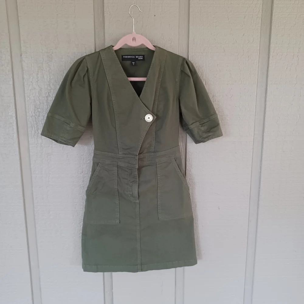 Veronica Beard Bree Mini Dress Size 0 Women Pockets Cotton Blend In Army Green